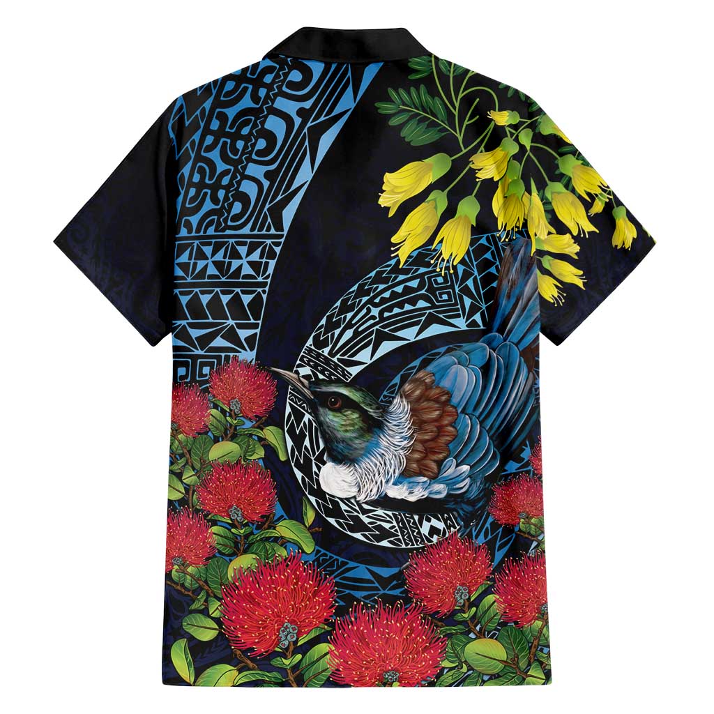 New Zealand Tui Bird Family Matching Off Shoulder Short Dress and Hawaiian Shirt Maori Koru Mix Pohutukawa