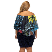 New Zealand Tui Bird Family Matching Off Shoulder Short Dress and Hawaiian Shirt Maori Koru Mix Pohutukawa