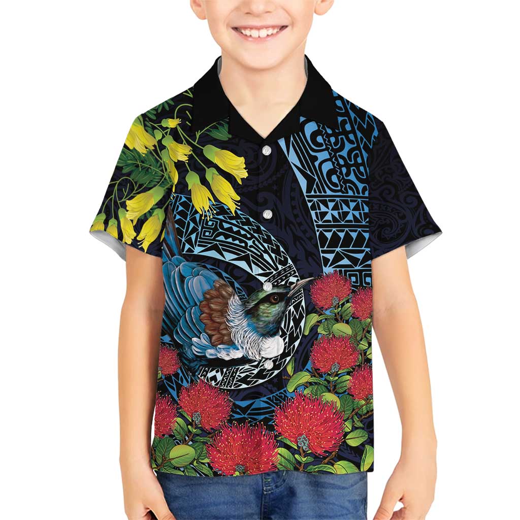 New Zealand Tui Bird Family Matching Off Shoulder Short Dress and Hawaiian Shirt Maori Koru Mix Pohutukawa