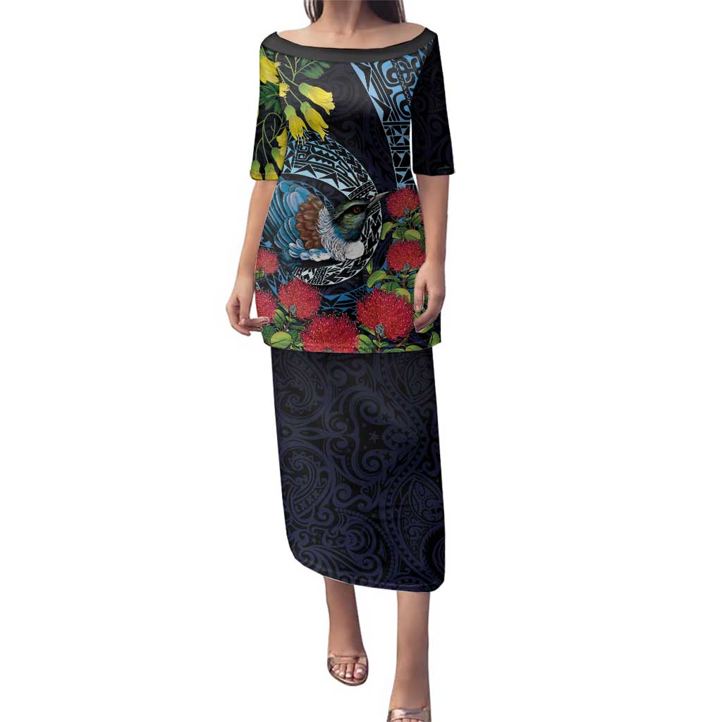 New Zealand Tui Bird Family Matching Puletasi and Hawaiian Shirt Maori Koru Mix Pohutukawa