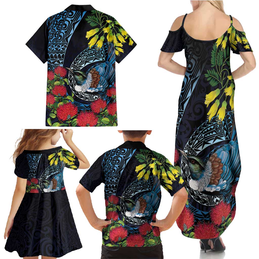 New Zealand Tui Bird Family Matching Summer Maxi Dress and Hawaiian Shirt Maori Koru Mix Pohutukawa
