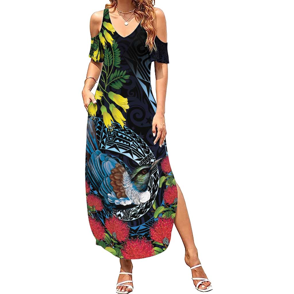 New Zealand Tui Bird Family Matching Summer Maxi Dress and Hawaiian Shirt Maori Koru Mix Pohutukawa