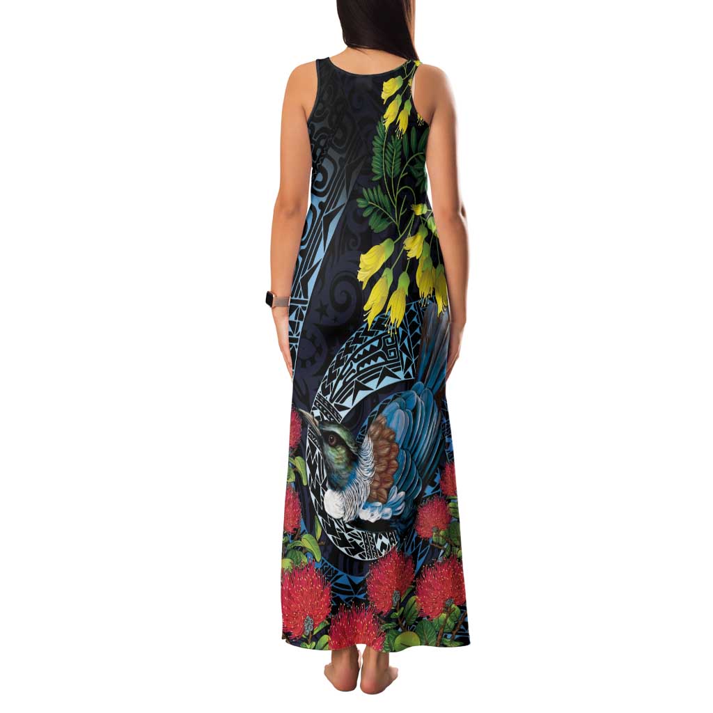 New Zealand Tui Bird Family Matching Tank Maxi Dress and Hawaiian Shirt Maori Koru Mix Pohutukawa