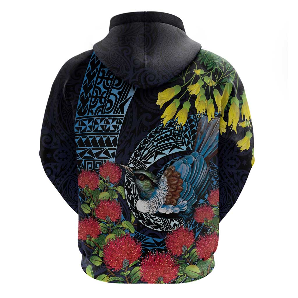 New Zealand Tui Bird Hoodie Maori Koru Mix Pohutukawa