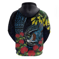 New Zealand Tui Bird Hoodie Maori Koru Mix Pohutukawa
