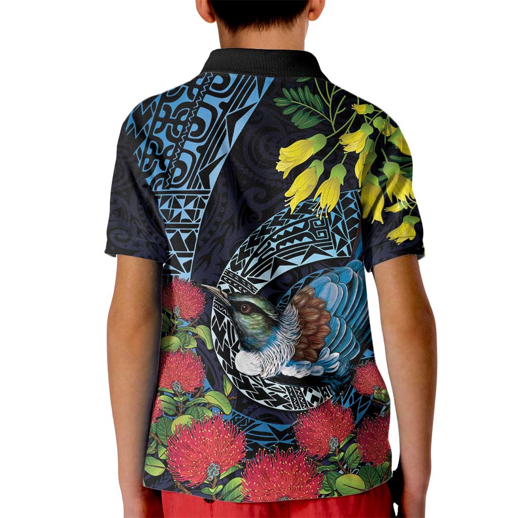 New Zealand Tui Bird Kid Polo Shirt Maori Koru Mix Pohutukawa