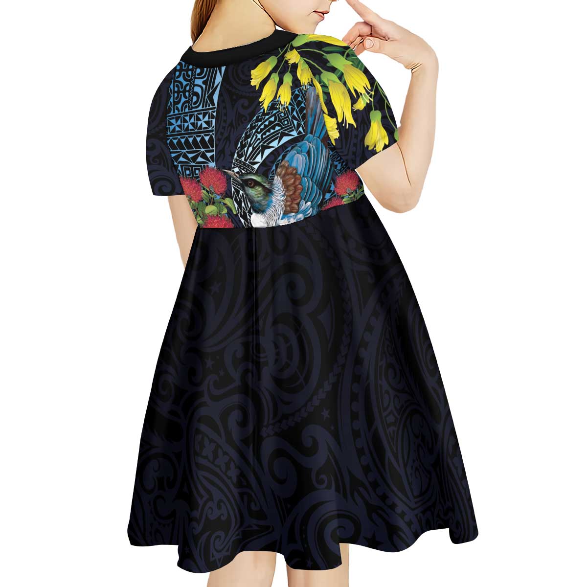 New Zealand Tui Bird Kid Short Sleeve Dress Maori Koru Mix Pohutukawa