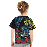 New Zealand Tui Bird Kid T Shirt Maori Koru Mix Pohutukawa