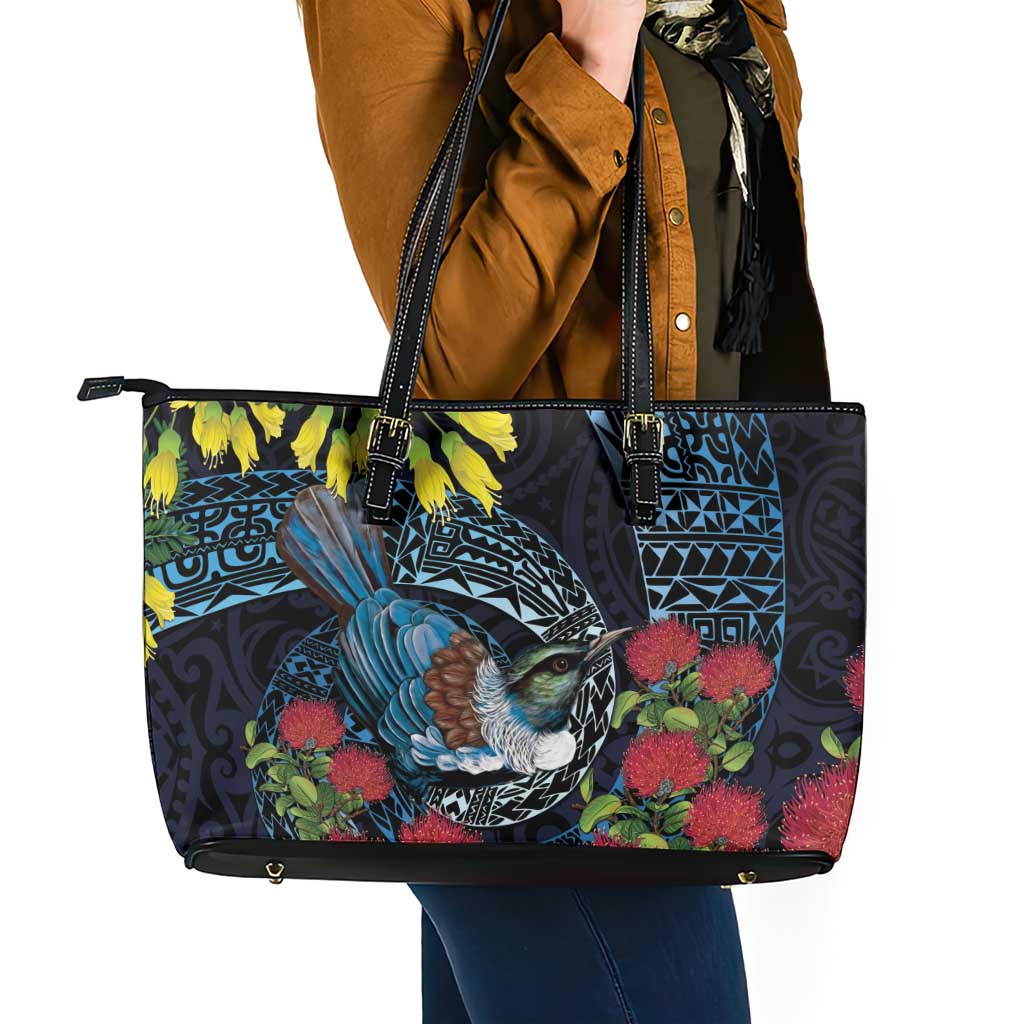 New Zealand Tui Bird Leather Tote Bag Maori Koru Mix Pohutukawa