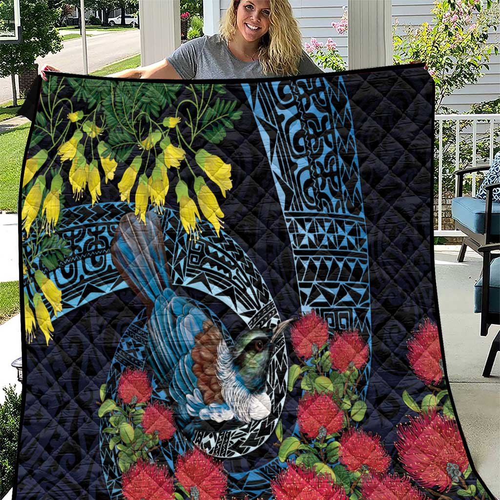 New Zealand Tui Bird Quilt Maori Koru Mix Pohutukawa DT04 Black - Polynesian Pride
