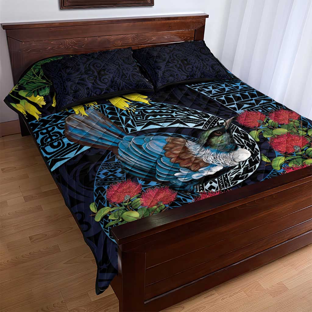 New Zealand Tui Bird Quilt Bed Set Maori Koru Mix Pohutukawa