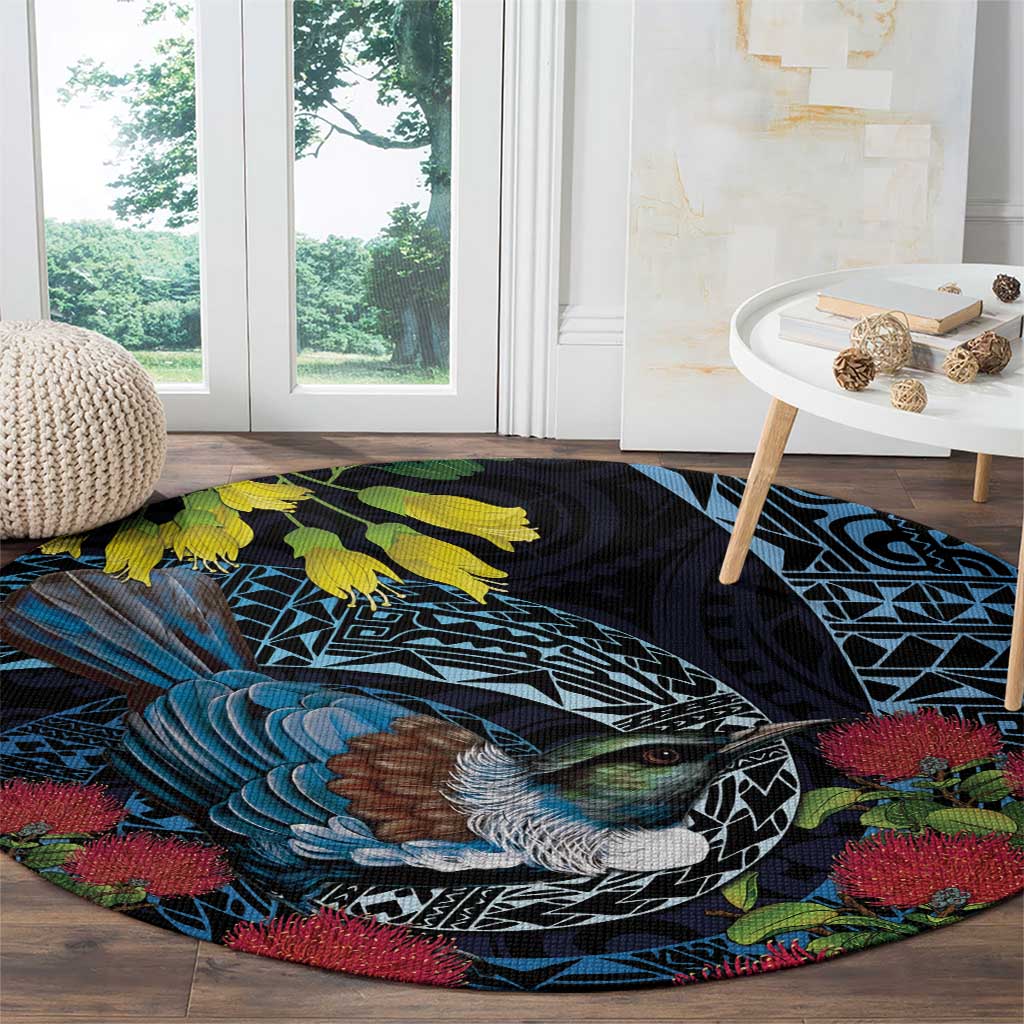 New Zealand Tui Bird Round Carpet Maori Koru Mix Pohutukawa