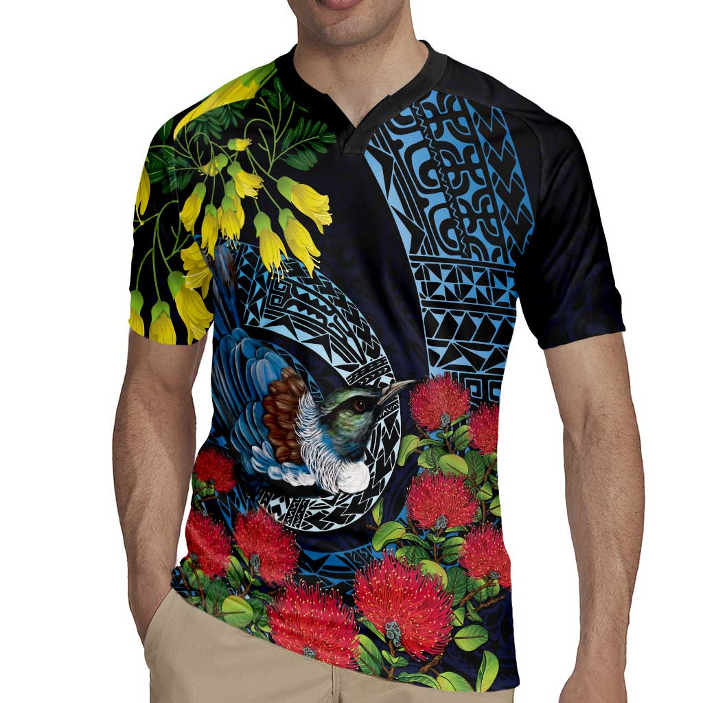New Zealand Tui Bird Rugby Jersey Maori Koru Mix Pohutukawa