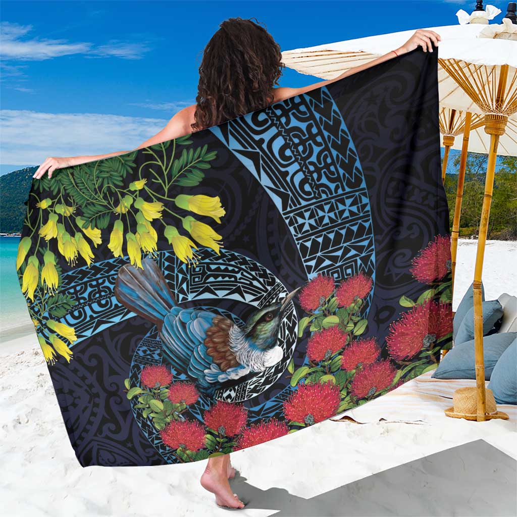 New Zealand Tui Bird Sarong Maori Koru Mix Pohutukawa DT04 One Size 44 x 66 inches Black - Polynesian Pride
