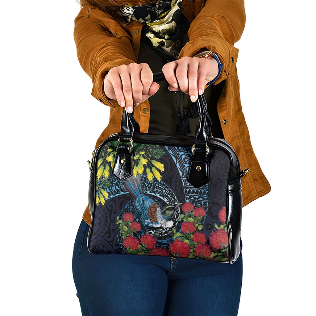 New Zealand Tui Bird Shoulder Handbag Maori Koru Mix Pohutukawa DT04 One Size Black - Polynesian Pride