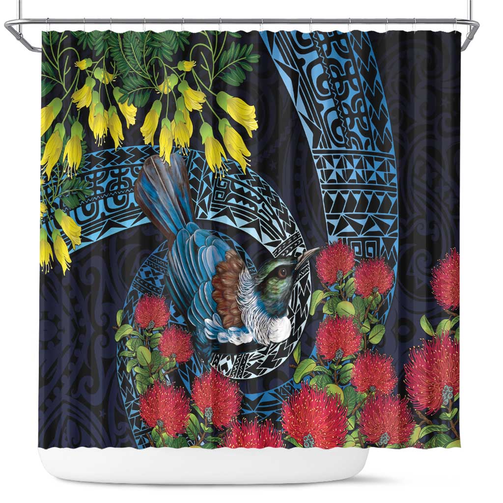 New Zealand Tui Bird Shower Curtain Maori Koru Mix Pohutukawa DT04 Black - Polynesian Pride