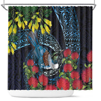 New Zealand Tui Bird Shower Curtain Maori Koru Mix Pohutukawa DT04 Black - Polynesian Pride