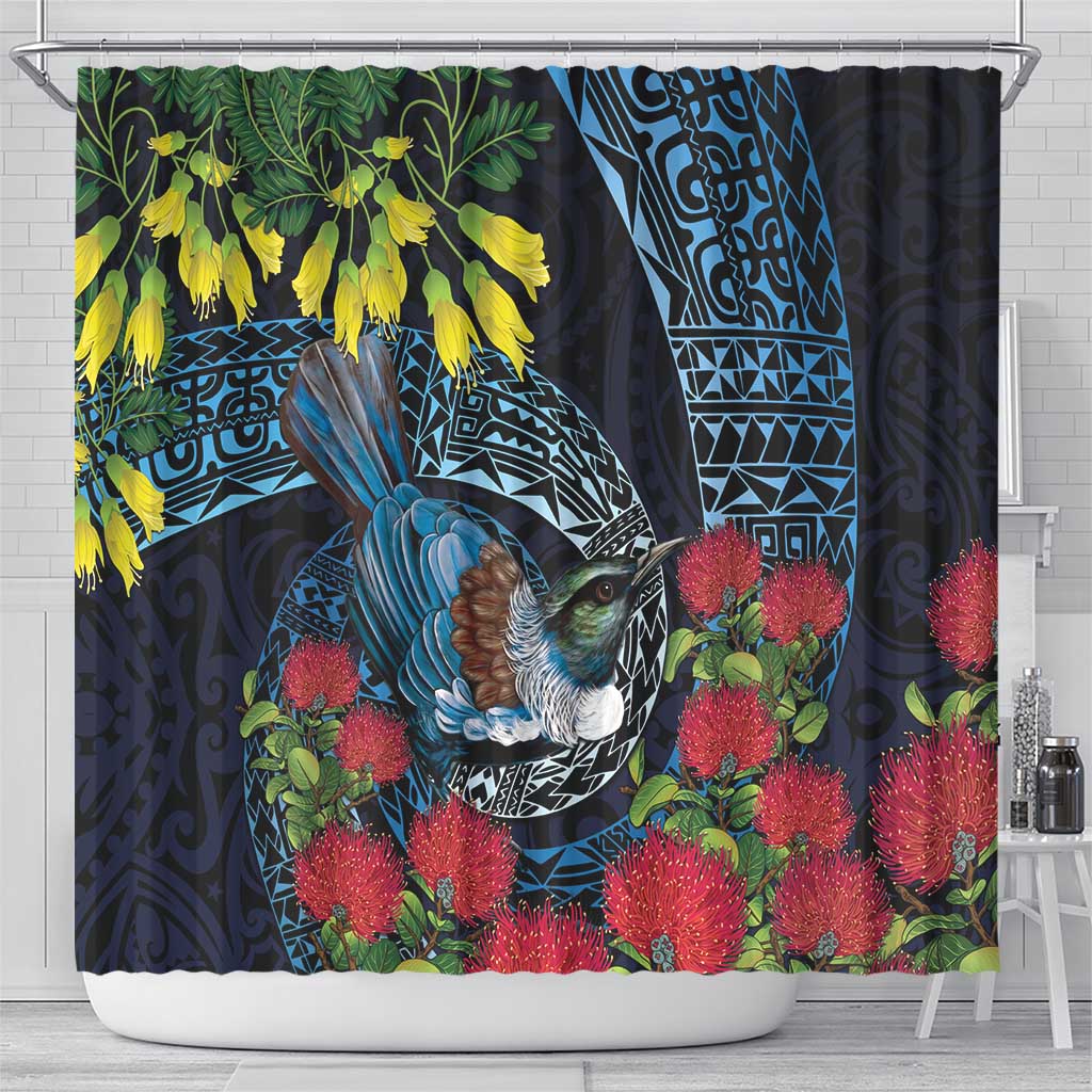 New Zealand Tui Bird Shower Curtain Maori Koru Mix Pohutukawa DT04 - Polynesian Pride