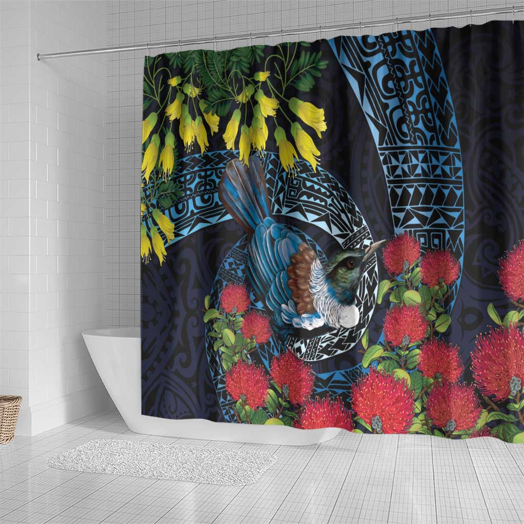 New Zealand Tui Bird Shower Curtain Maori Koru Mix Pohutukawa DT04 - Polynesian Pride