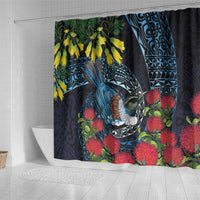 New Zealand Tui Bird Shower Curtain Maori Koru Mix Pohutukawa DT04 - Polynesian Pride