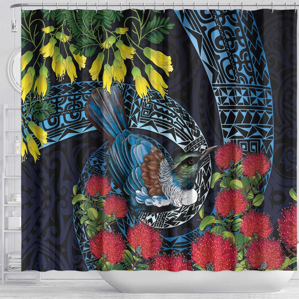 New Zealand Tui Bird Shower Curtain Maori Koru Mix Pohutukawa DT04 - Polynesian Pride