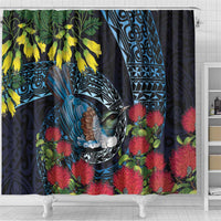 New Zealand Tui Bird Shower Curtain Maori Koru Mix Pohutukawa DT04 - Polynesian Pride
