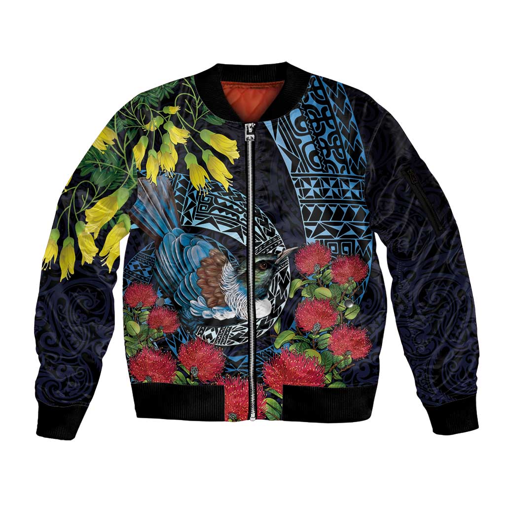 New Zealand Tui Bird Sleeve Zip Bomber Jacket Maori Koru Mix Pohutukawa DT04 Unisex Black - Polynesian Pride
