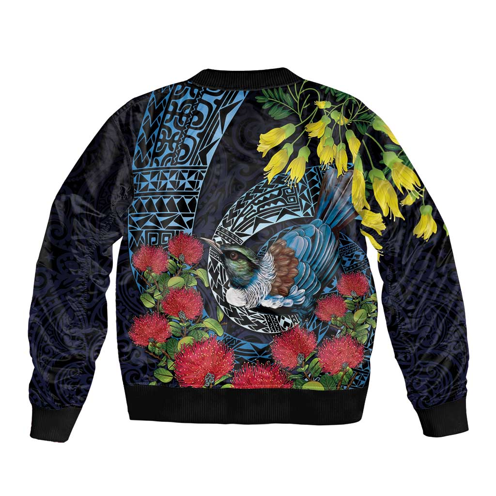 New Zealand Tui Bird Sleeve Zip Bomber Jacket Maori Koru Mix Pohutukawa DT04 - Polynesian Pride