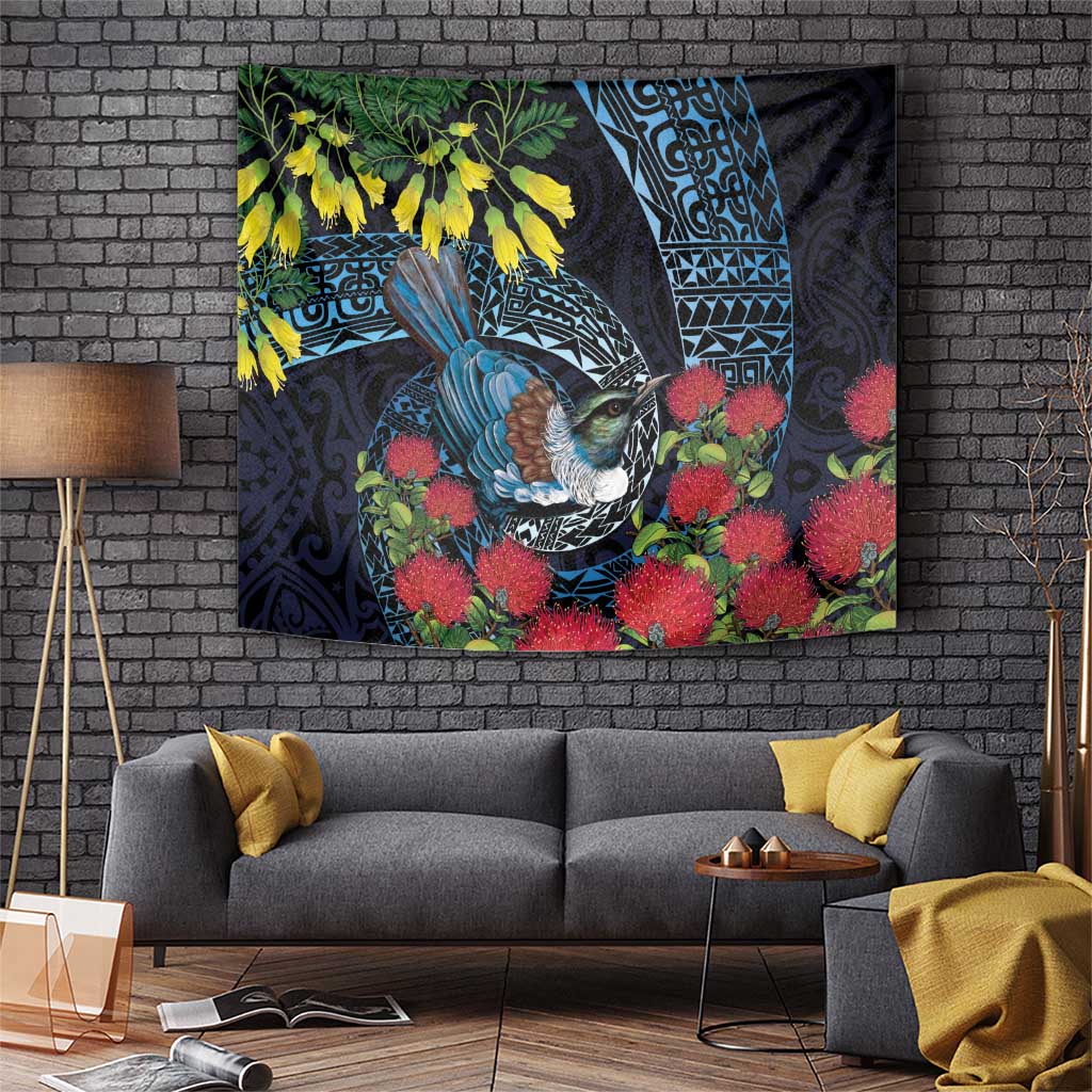 New Zealand Tui Bird Tapestry Maori Koru Mix Pohutukawa DT04 Black - Polynesian Pride