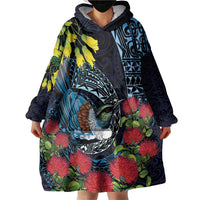 New Zealand Tui Bird Wearable Blanket Hoodie Maori Koru Mix Pohutukawa