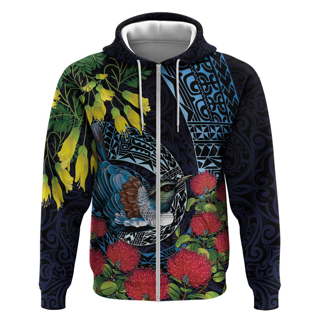 New Zealand Tui Bird Zip Hoodie Maori Koru Mix Pohutukawa DT04 Zip Hoodie Black - Polynesian Pride
