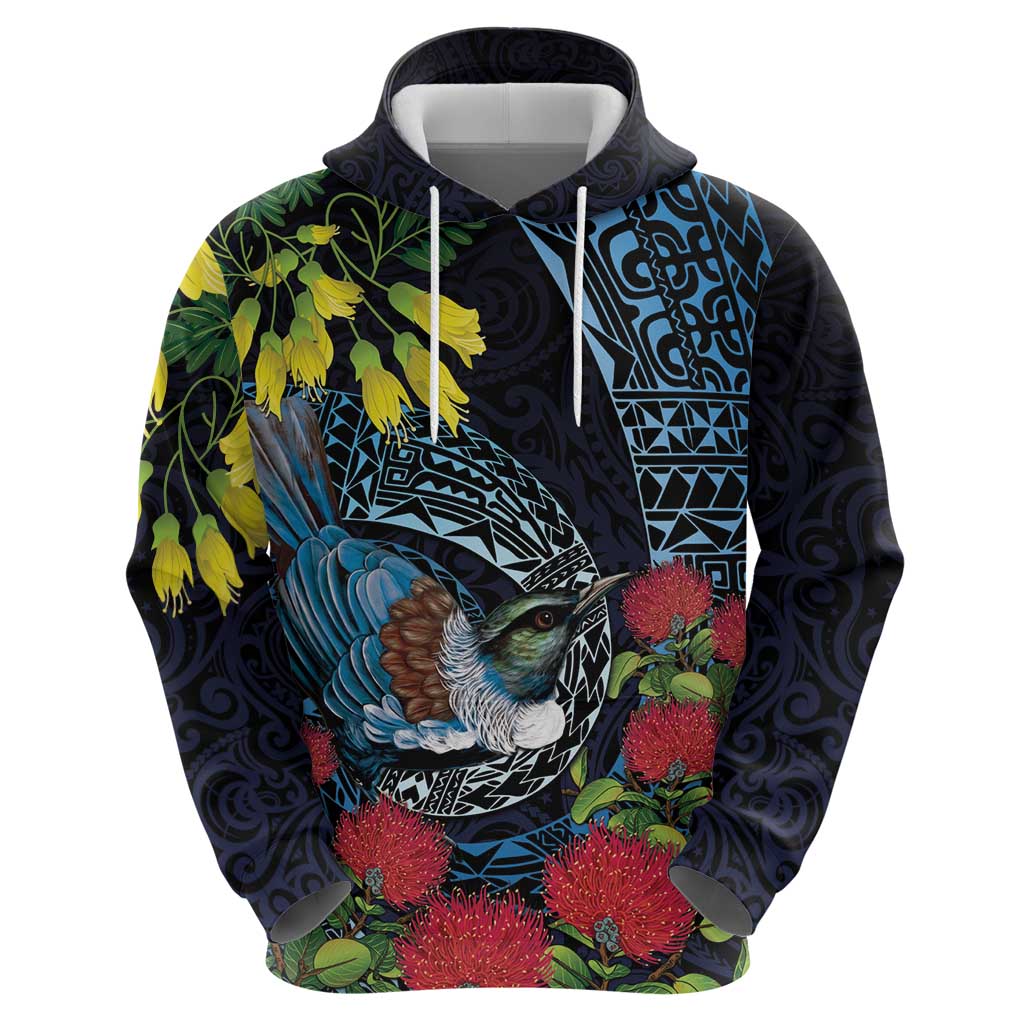 New Zealand Tui Bird Zip Hoodie Maori Koru Mix Pohutukawa