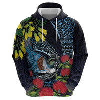 New Zealand Tui Bird Zip Hoodie Maori Koru Mix Pohutukawa