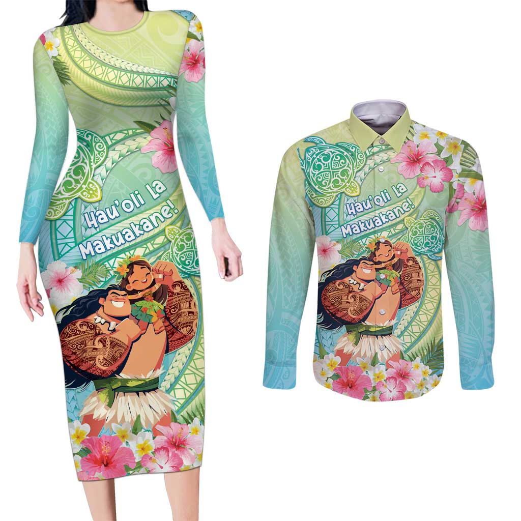 Personalised Hawaii Father's Day Couples Matching Long Sleeve Bodycon Dress and Long Sleeve Button Shirt Happy Father And Child