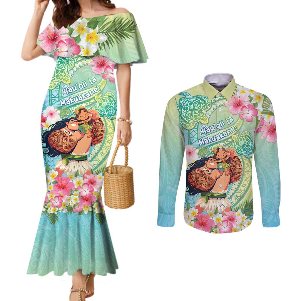 Personalised Hawaii Father's Day Couples Matching Mermaid Dress and Long Sleeve Button Shirt Happy Father And Child