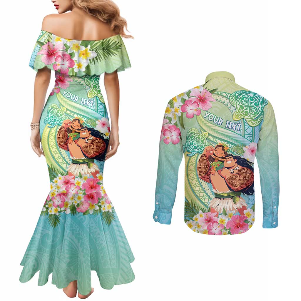 Personalised Hawaii Father's Day Couples Matching Mermaid Dress and Long Sleeve Button Shirt Happy Father And Child