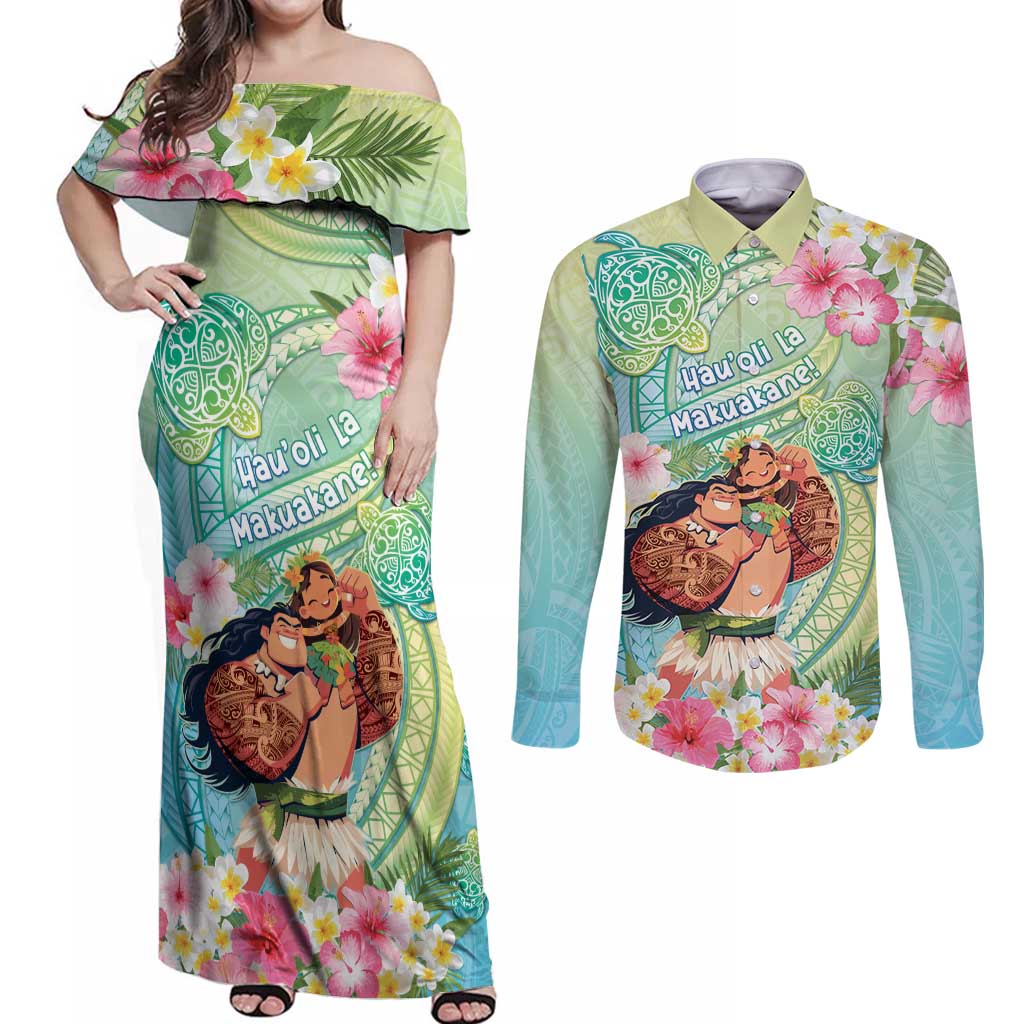 Personalised Hawaii Father's Day Couples Matching Off Shoulder Maxi Dress and Long Sleeve Button Shirt Happy Father And Child