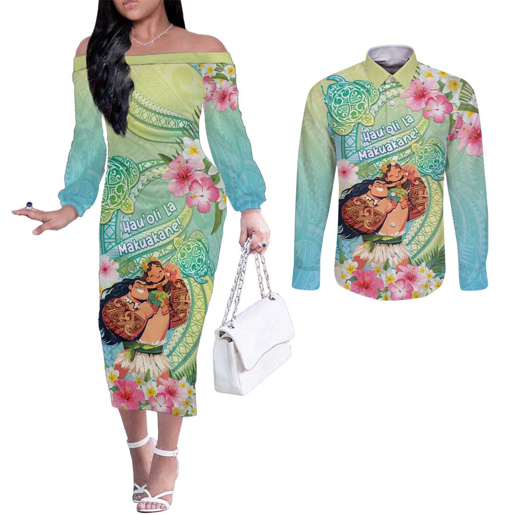 Personalised Hawaii Father's Day Couples Matching Off The Shoulder Long Sleeve Dress and Long Sleeve Button Shirt Happy Father And Child