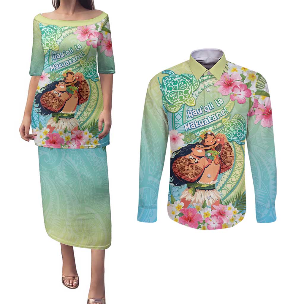 Personalised Hawaii Father's Day Couples Matching Puletasi and Long Sleeve Button Shirt Happy Father And Child