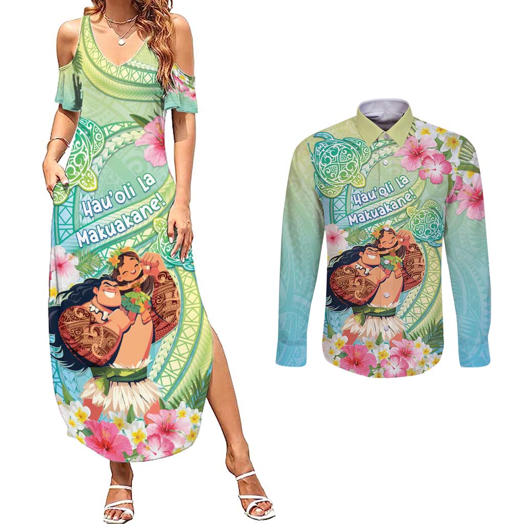 Personalised Hawaii Father's Day Couples Matching Summer Maxi Dress and Long Sleeve Button Shirt Happy Father And Child