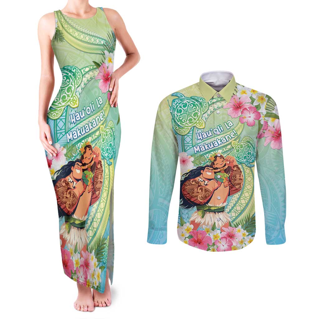 Personalised Hawaii Father's Day Couples Matching Tank Maxi Dress and Long Sleeve Button Shirt Happy Father And Child