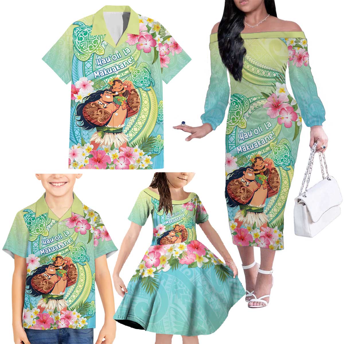 Personalised Hawaii Father's Day Family Matching Off The Shoulder Long Sleeve Dress and Hawaiian Shirt Happy Father And Child