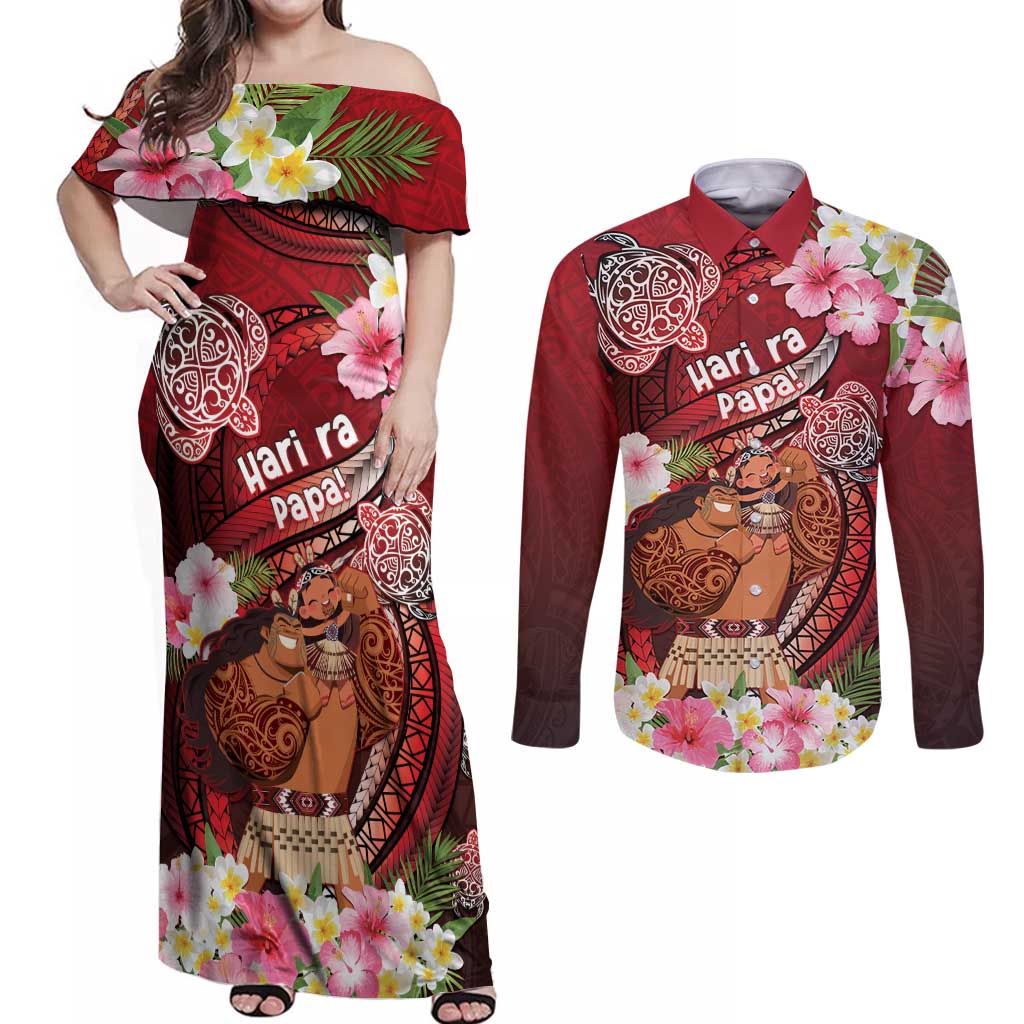 Personalised New Zealand Father's Day Couples Matching Off Shoulder Maxi Dress and Long Sleeve Button Shirt Happy Father And Child