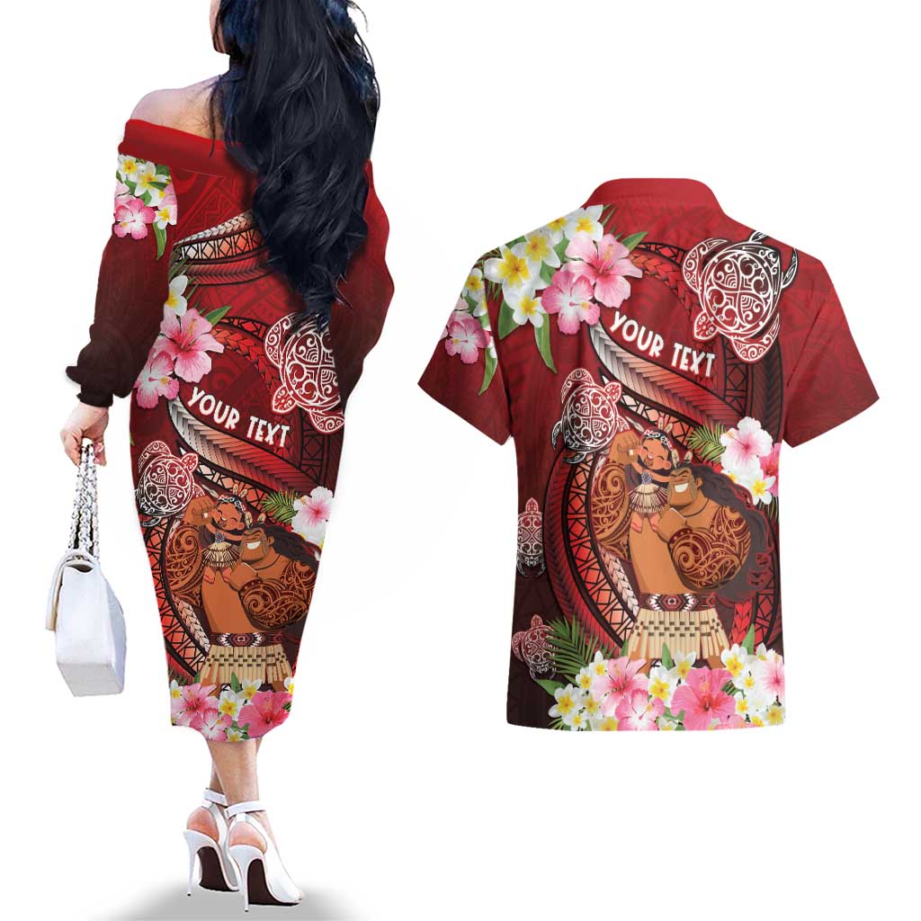 Personalised New Zealand Father's Day Couples Matching Off The Shoulder Long Sleeve Dress and Hawaiian Shirt Happy Father And Child