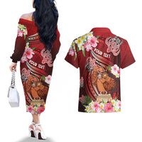 Personalised New Zealand Father's Day Couples Matching Off The Shoulder Long Sleeve Dress and Hawaiian Shirt Happy Father And Child