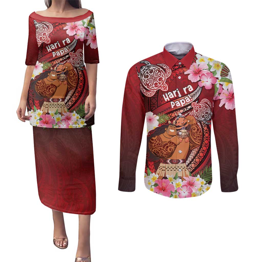 Personalised New Zealand Father's Day Couples Matching Puletasi and Long Sleeve Button Shirt Happy Father And Child