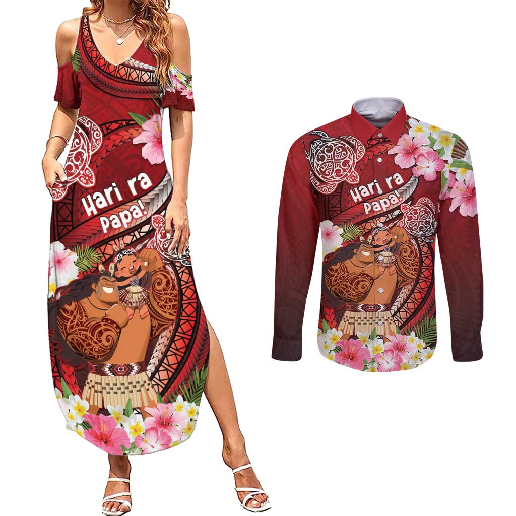 Personalised New Zealand Father's Day Couples Matching Summer Maxi Dress and Long Sleeve Button Shirt Happy Father And Child