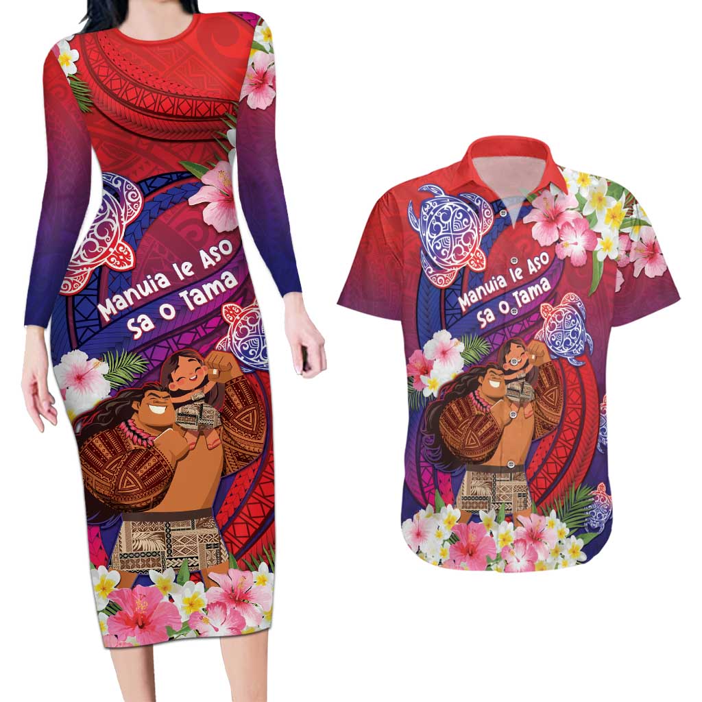 Personalised Samoa Father's Day Couples Matching Long Sleeve Bodycon Dress and Hawaiian Shirt Happy Father And Child