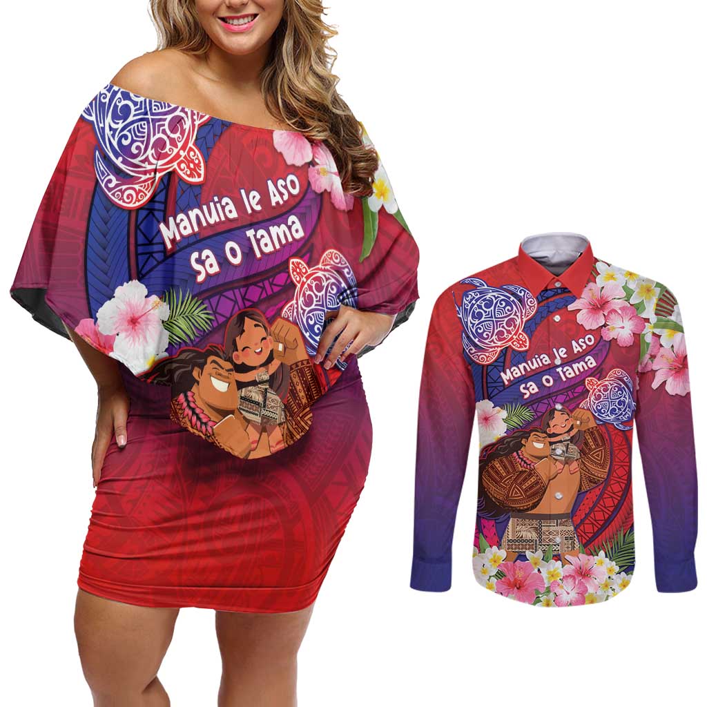 Personalised Samoa Father's Day Couples Matching Off Shoulder Short Dress and Long Sleeve Button Shirt Happy Father And Child