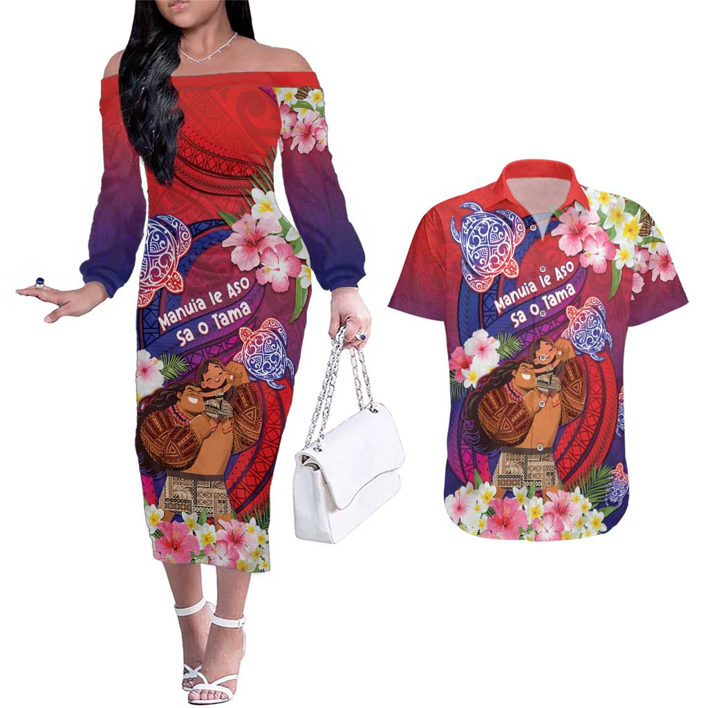 Personalised Samoa Father's Day Couples Matching Off The Shoulder Long Sleeve Dress and Hawaiian Shirt Happy Father And Child